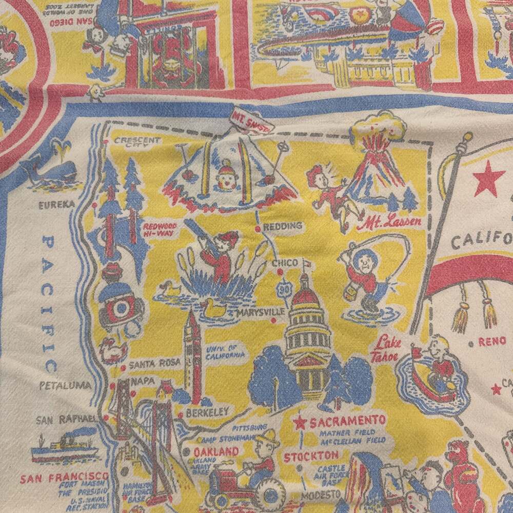Vintage California Cloth Map With All Of California's Major Attractions